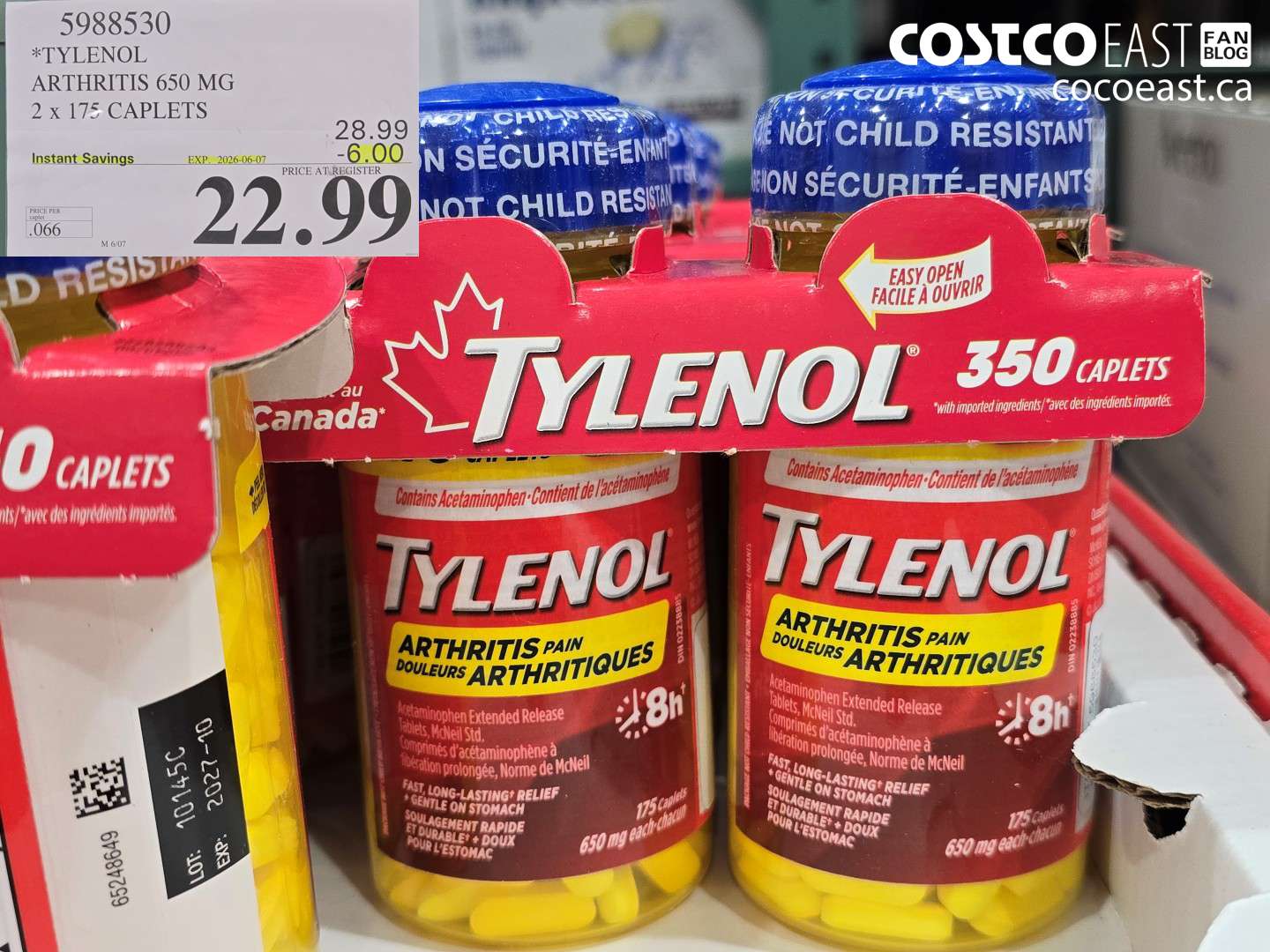5988530 TYLENOL ARTHRITIS 650 MG 2 X 175 CAPLETS ($6.00 INSTANT SAVINGS EXPIRES ON 2026-06-07) $22.99
