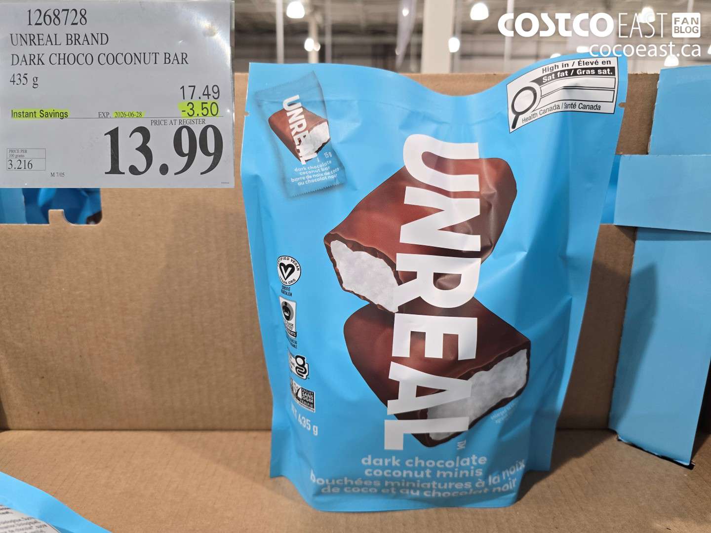 1268728 UNREAL BRAND DARK CHOCO COCONUT BAR 435 G ($3.50 INSTANT SAVINGS EXPIRES ON 2026-06-28) $13.99