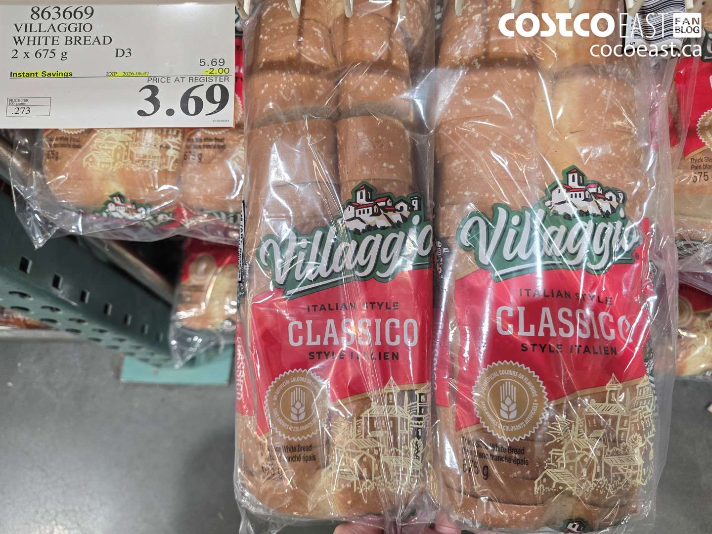 863669 VILLAGGIO WHITE BREAD 2 X 675 G ($2.00 INSTANT SAVINGS EXPIRES ON 2026-06-07) $3.69