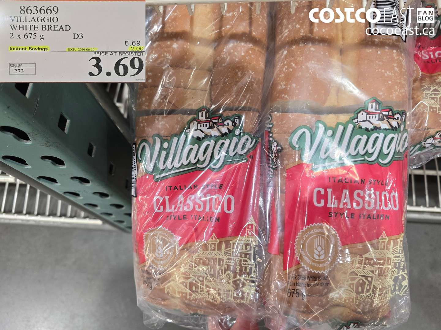 863669 VILLAGGIO WHITE BREAD 2 X 675 G ($2.00 INSTANT SAVINGS EXPIRES ON 2026-06-10) $3.69