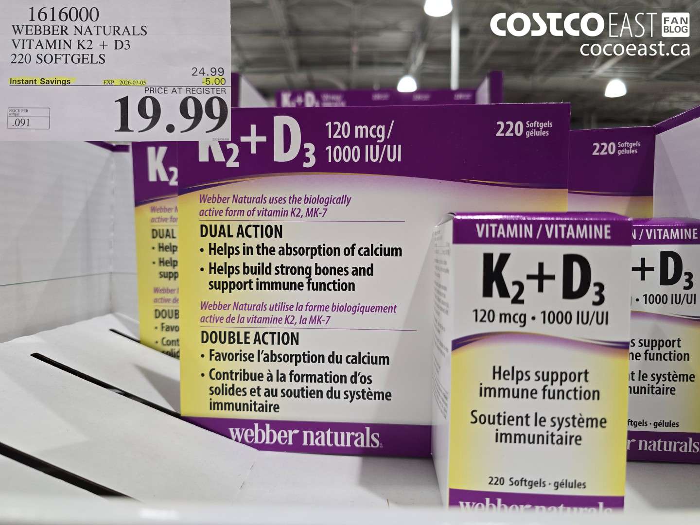 1616000 WEBBER NATURALS VITAMIN K2 + D3 220 SOFTGELS ($5.00 INSTANT SAVINGS EXPIRES ON 2026-07-05) $19.99