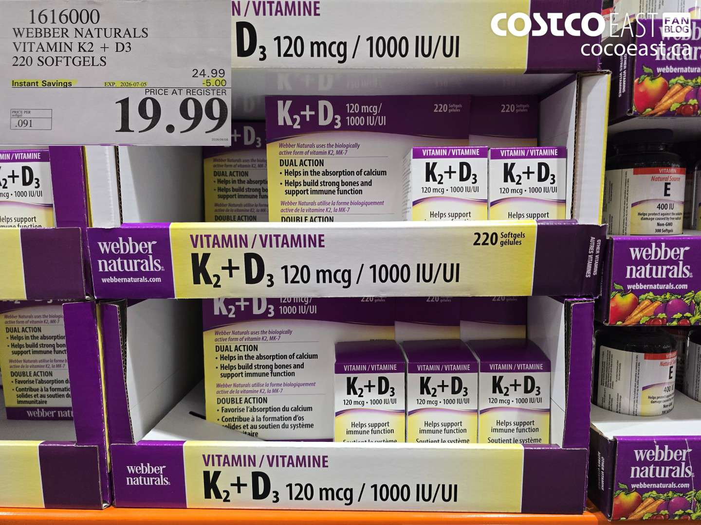 1616000 WEBBER NATURALS VITAMIN K2 + D3 220 SOFTGELS ($5.00 INSTANT SAVINGS EXPIRES ON 2026-07-05) $19.99