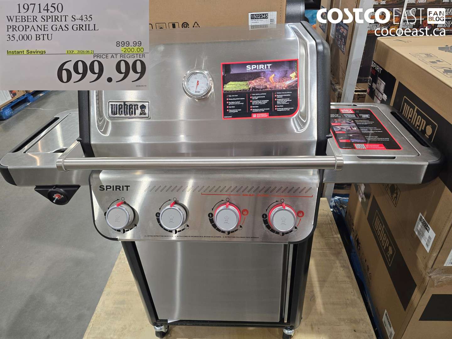 1971450 WEBER SPIRIT S-435 PROPANE GAS GRILL 35,000 BTU ($200.00 INSTANT SAVINGS EXPIRES ON 2026-06-21) $699.99