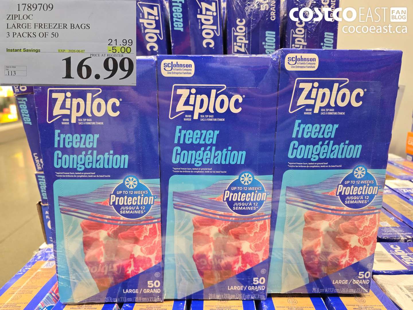 1789709 ZIPLOC LARGE FREEZER BAGS 3 PACKS OF 50 ($5.00 INSTANT SAVINGS EXPIRES ON 2026-06-07) $16.99