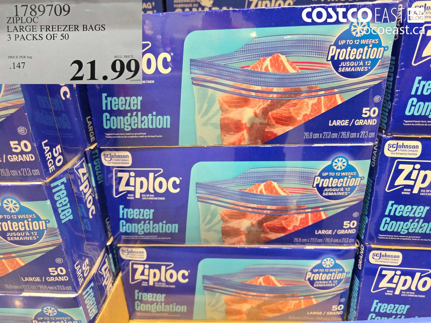 1789709 ZIPLOC LARGE FREEZER BAGS 3 PACKS OF 50 $21.99