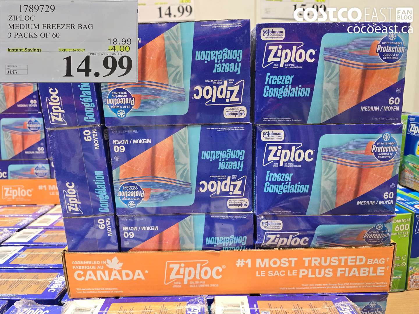 1789729 ZIPLOC MEDIUM FREEZER BAG 3 PACKS OF 60 ($4.00 INSTANT SAVINGS EXPIRES ON 2026-06-07) $14.99