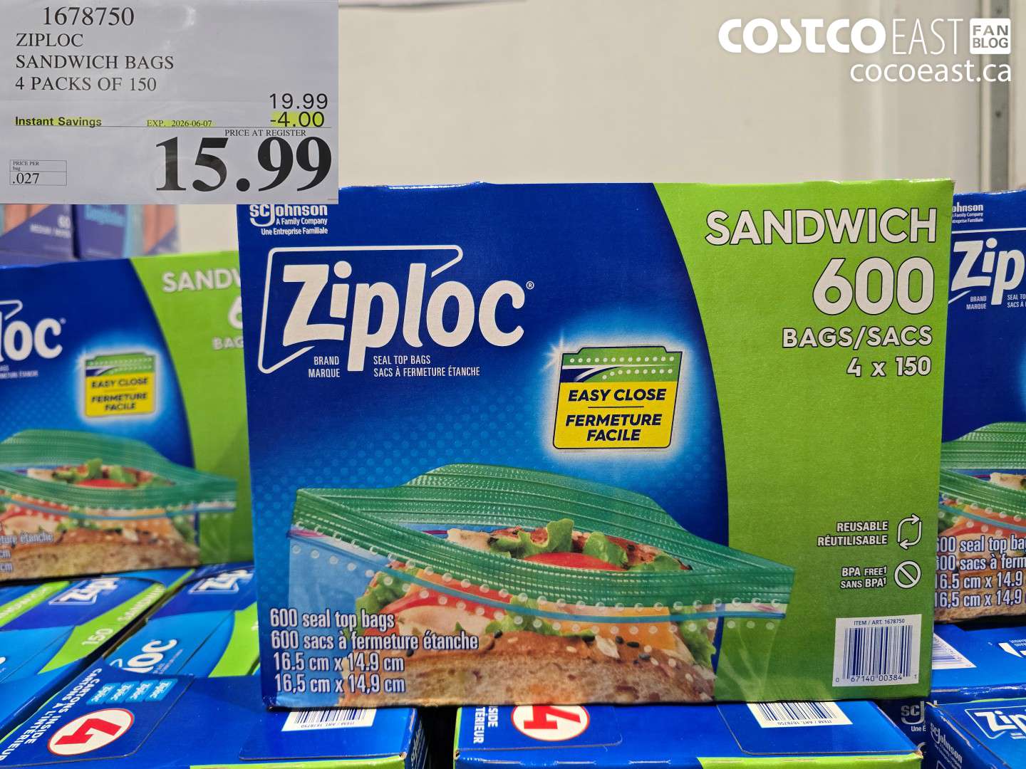 1678750 ZIPLOC SANDWICH BAGS 4 PACKS OF 150 ($4.00 INSTANT SAVINGS EXPIRES ON 2026-06-07) $15.99