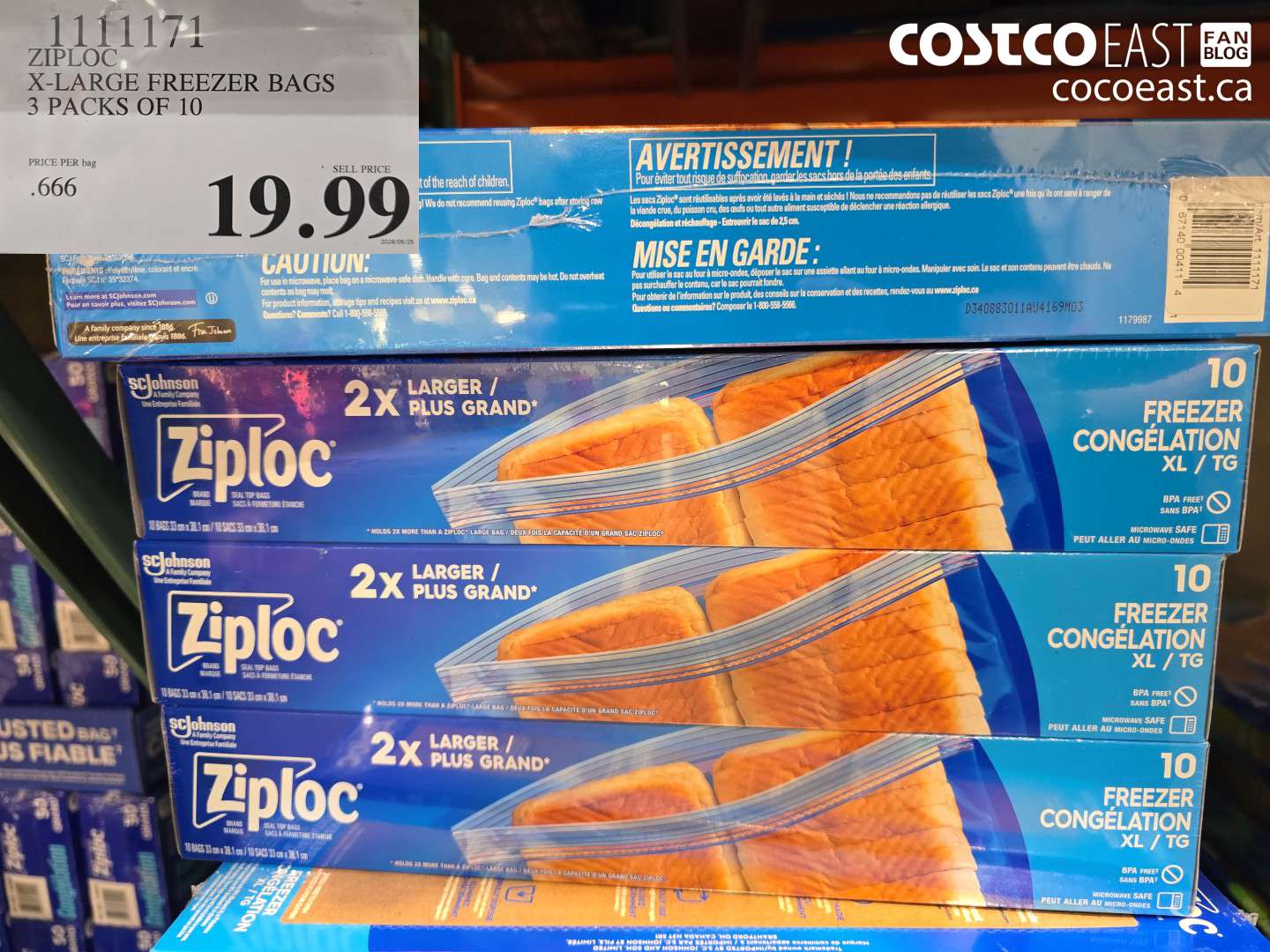 1111171 ZIPLOC X-LARGE FREEZER BAGS 3 PACKS OF 10 $19.99