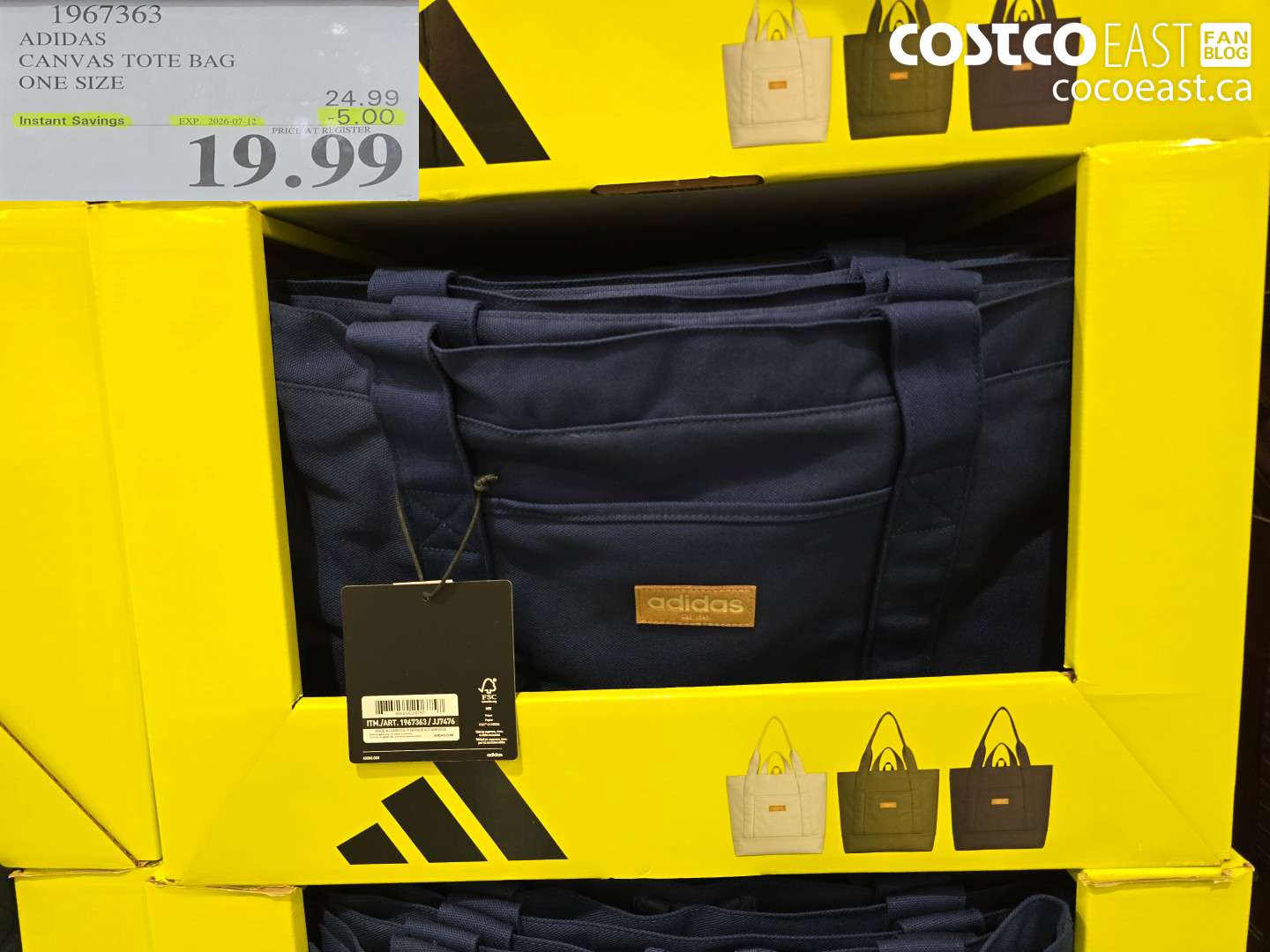 1967363 ADIDAS CANVAS TOTE BAG ONE SIZE ($5.00 INSTANT SAVINGS EXPIRES ON 2026-07-12) $19.99
