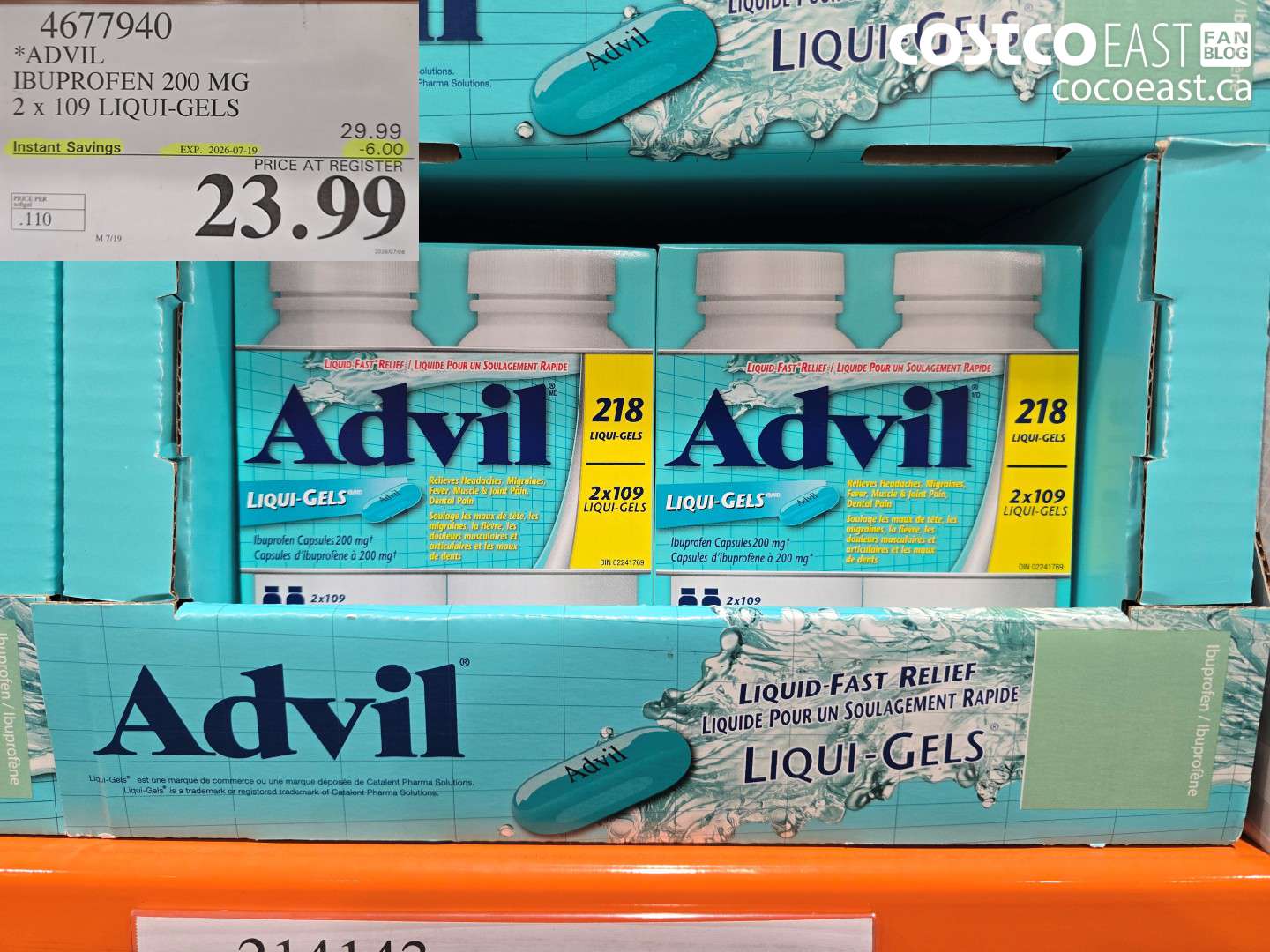4677940 ADVIL IBUPROFEN 200 MG 2 X 109 LIQUI-GELS ($6.00 INSTANT SAVINGS EXPIRES ON 2026-07-19) $23.99