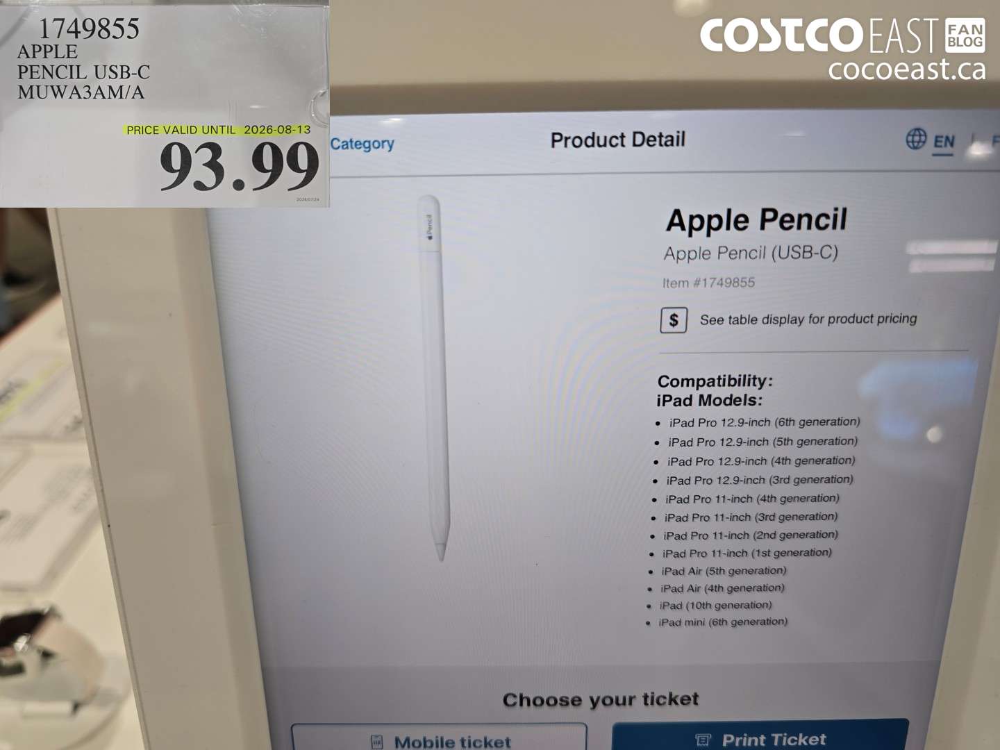 1749855 APPLE PENCIL USB-C MUWA3AM/A $93.99