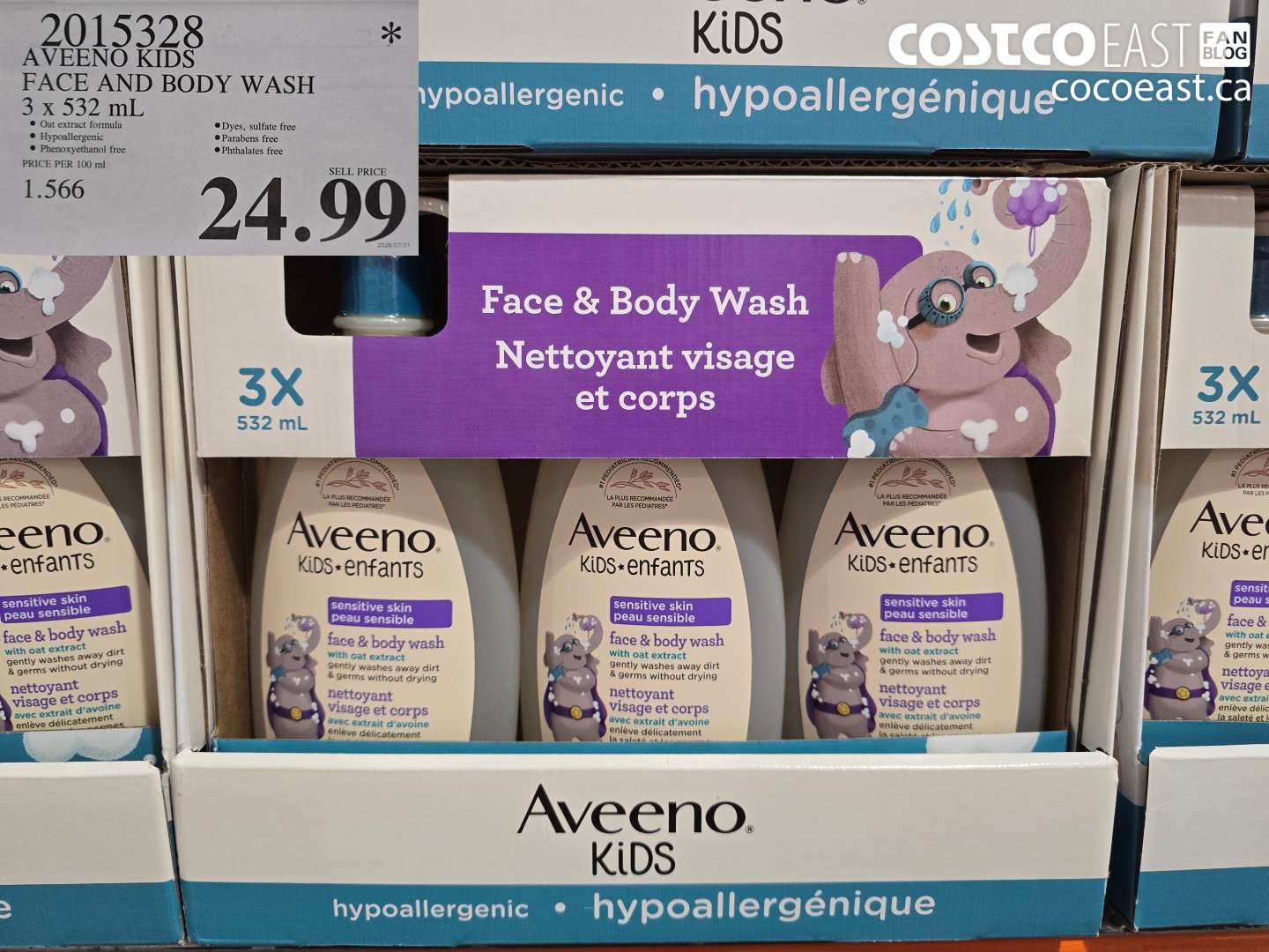 2015328 AVEENO KIDS FACE AND BODY WASH 3 X 532 ML $24.99