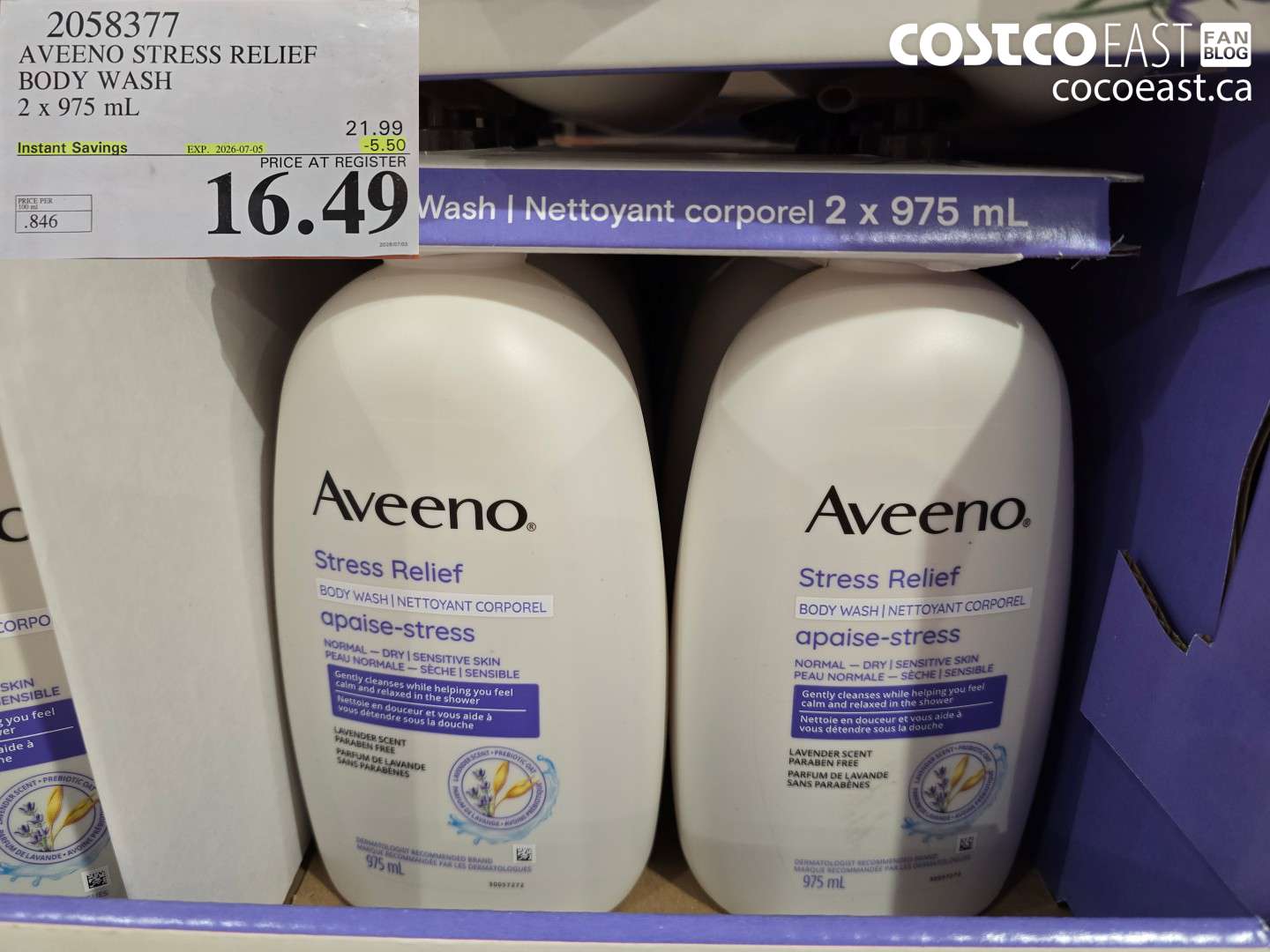 2058377 AVEENO STRESS RELIEF BODY WASH 2 X 975 ML ($5.50 INSTANT SAVINGS EXPIRES ON 2026-07-05) $16.49