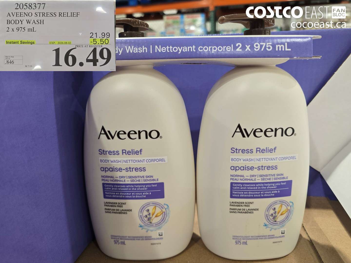 2058377 AVEENO STRESS RELIEF BODY WASH 2 X 975 ML ($5.50 INSTANT SAVINGS EXPIRES ON 2026-08-02) $16.49