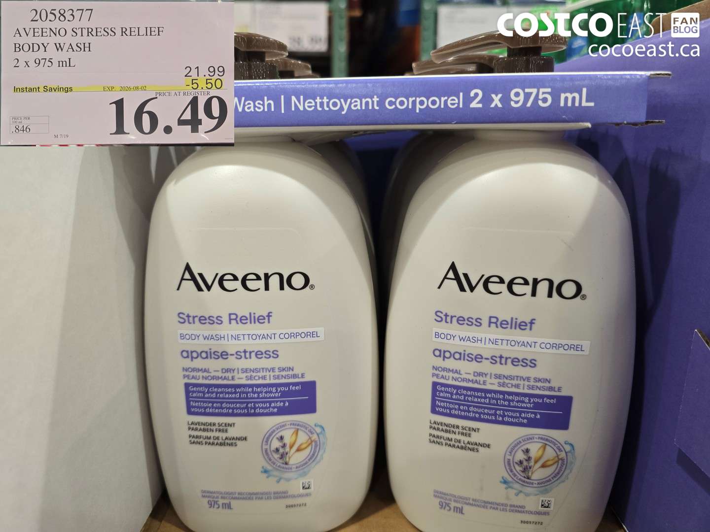 2058377 AVEENO STRESS RELIEF BODY WASH 2 X 975 ML ($5.50 INSTANT SAVINGS EXPIRES ON 2026-08-02) $16.49