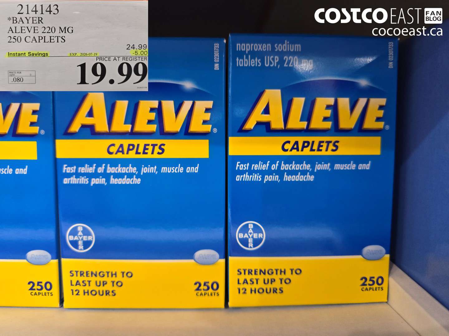 214143 BAYER ALEVE 220 MG 250 CAPLETS ($5.00 INSTANT SAVINGS EXPIRES ON 2026-07-19) $19.99