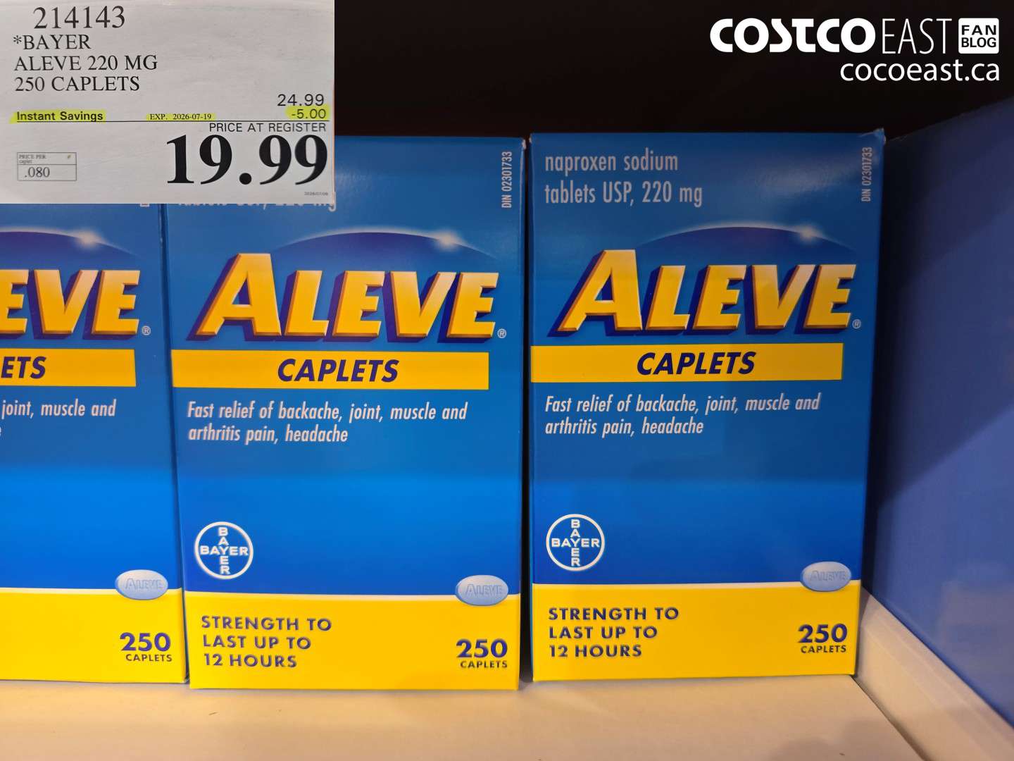 214143 BAYER ALEVE 220 MG 250 CAPLETS ($5.00 INSTANT SAVINGS EXPIRES ON 2026-07-19) $19.99
