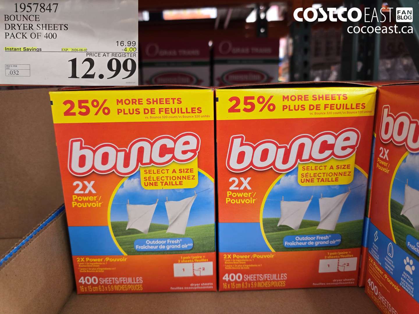 1957847 BOUNCE DRYER SHEETS PACK OF 400 ($4.00 INSTANT SAVINGS EXPIRES ON 2026-08-02) $12.99