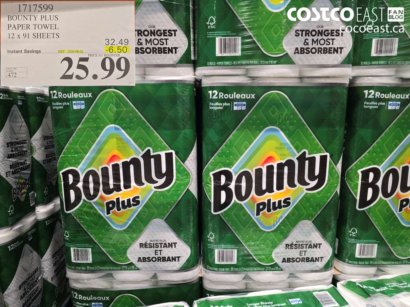 1717599 BOUNTY PLUS PAPER TOWEL 12 X 91 SHEETS ($6.50 INSTANT SAVINGS EXPIRES ON 2026-08-02) $25.99