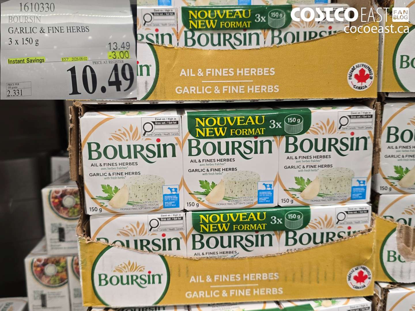1610330 BOURSIN GARLIC & FINE HERBS 3 X 150 G ($3.00 INSTANT SAVINGS EXPIRES ON 2026-08-02) $10.49