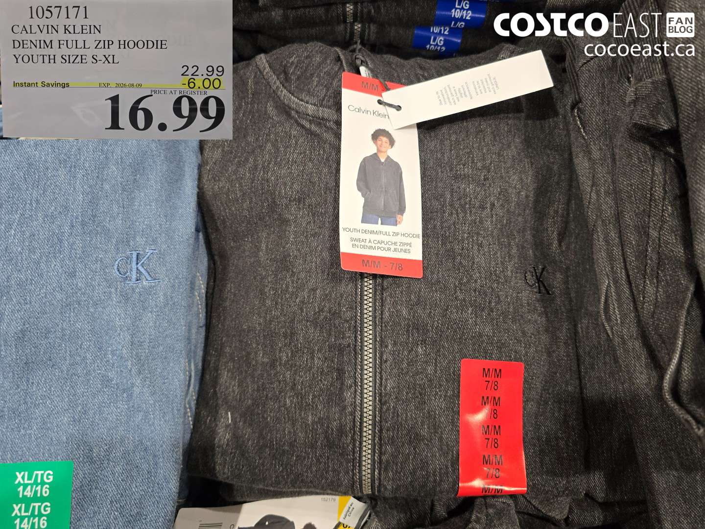 1057171 CALVIN KLEIN DENIM FULL ZIP HOODIE YOUTH SIZE S-XL ($6.00 INSTANT SAVINGS EXPIRES ON 2026-08-09) $16.99