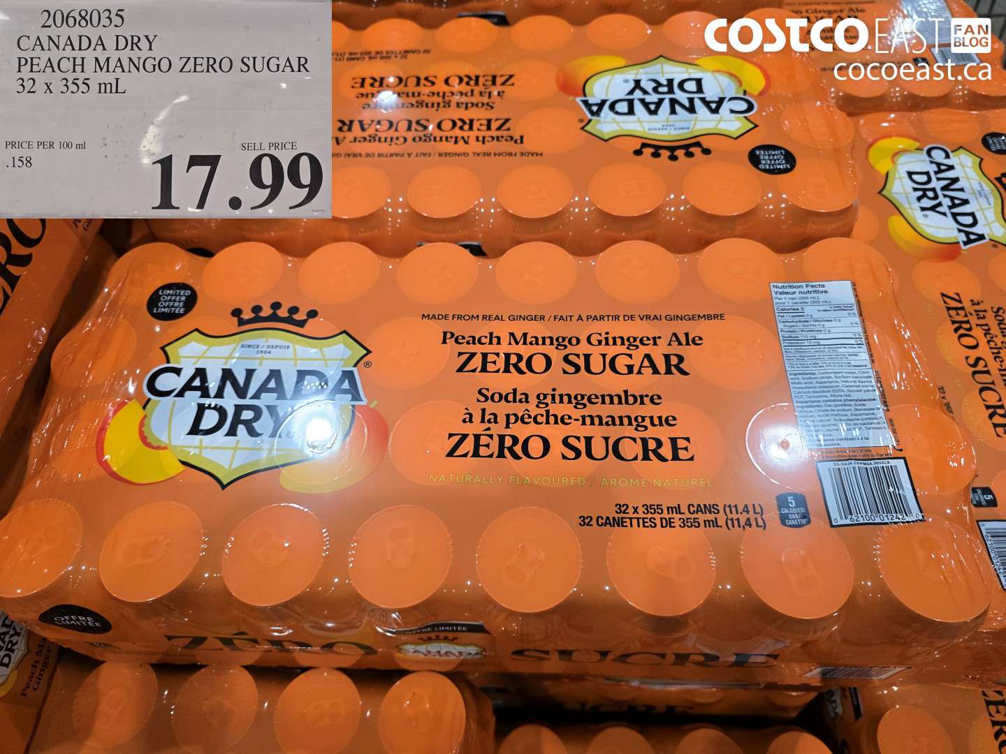 2068035 CANADA DRY PEACH MANGO ZERO SUGAR 32 X 355 ML $17.99