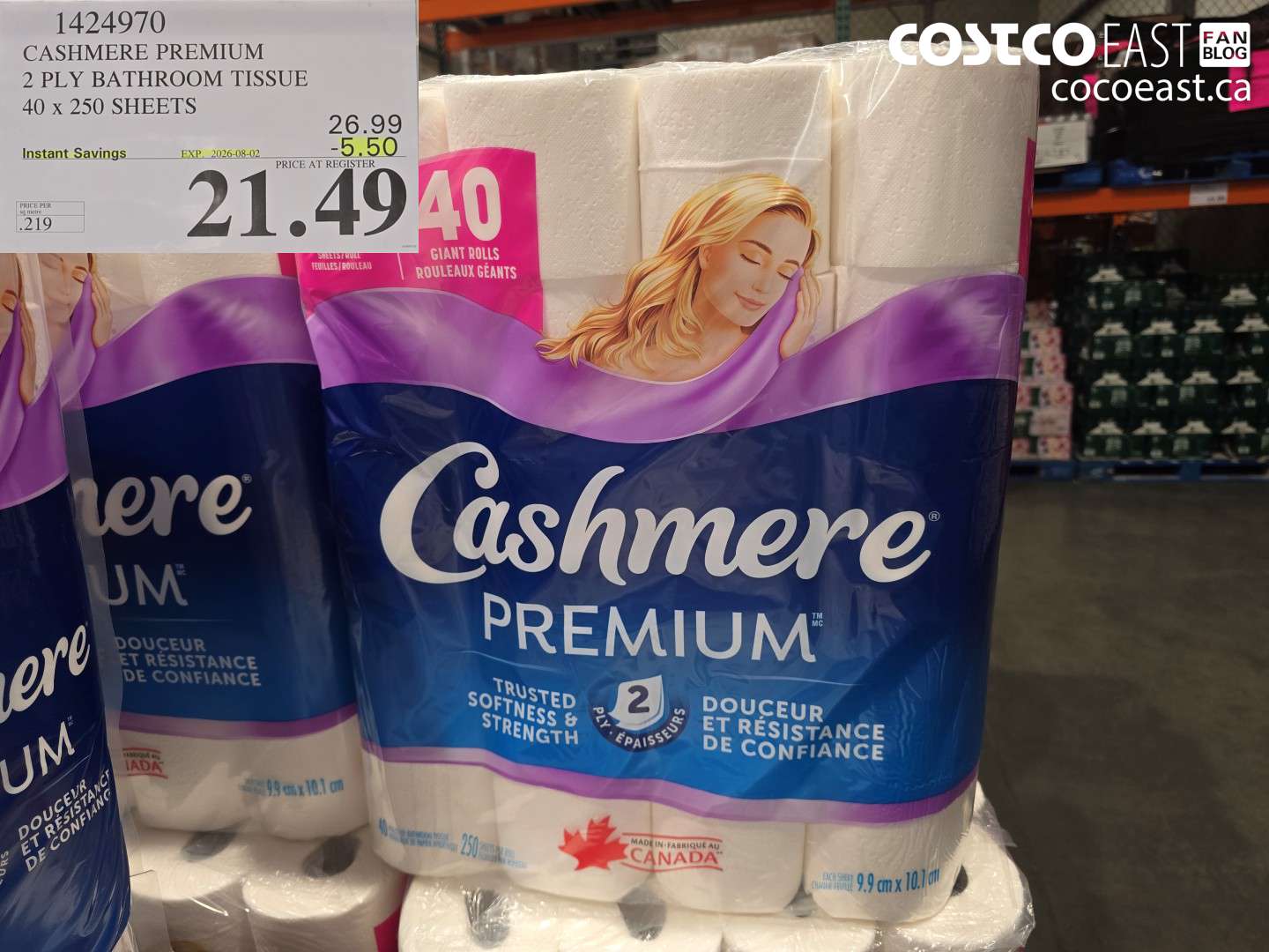 1424970 CASHMERE PREMIUM 2 PLY BATHROOM TISSUE 40 X 250 SHEETS ($5.50 INSTANT SAVINGS EXPIRES ON 2026-08-02) $21.49