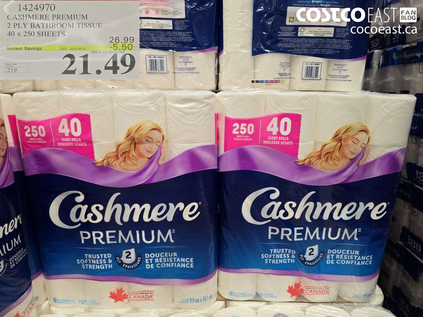 1424970 CASHMERE PREMIUM 2 PLY BATHROOM TISSUE 40 X 250 SHEETS ($5.50 INSTANT SAVINGS EXPIRES ON 2026-08-02) $21.49