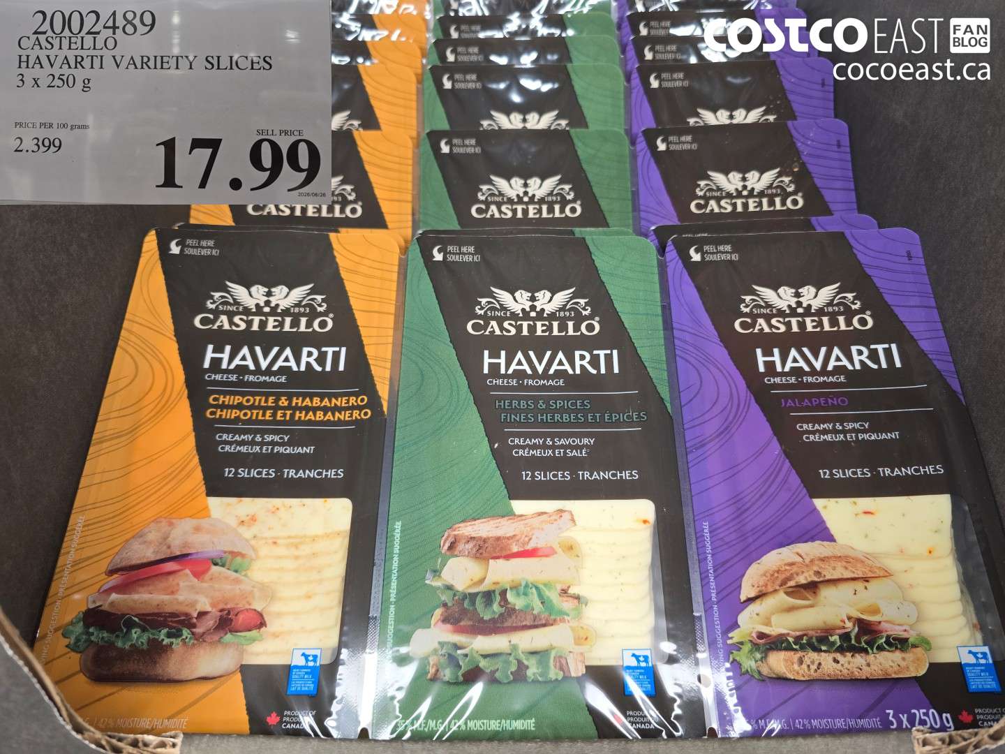 2002489 CASTELLO HAVARTI VARIETY SLICES 3 X 250 G $17.99