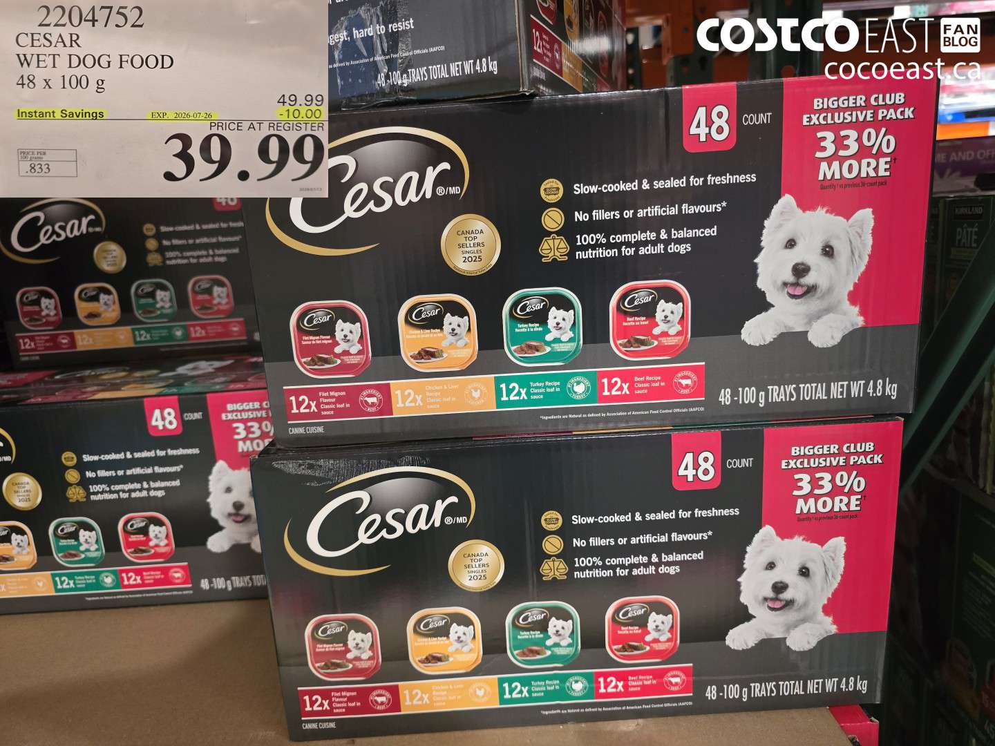 2204752 CESAR WET DOG FOOD 48 X 100 G ($10.00 INSTANT SAVINGS EXPIRES ON 2026-07-26) $39.99