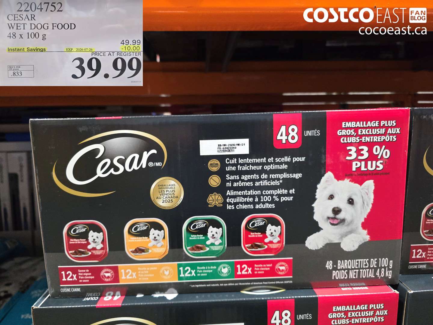 2204752 CESAR WET DOG FOOD 48 X 100 G ($10.00 INSTANT SAVINGS EXPIRES ON 2026-07-26) $39.99