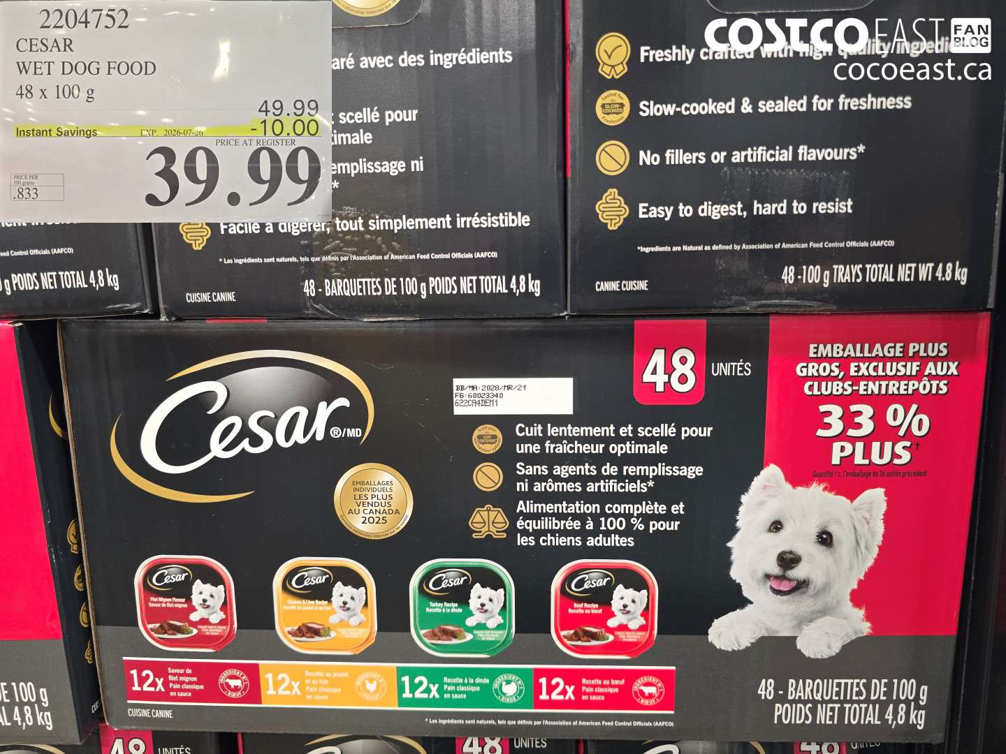 2204752 CESAR WET DOG FOOD 48 X 100 G ($10.00 INSTANT SAVINGS EXPIRES ON 2026-07-26) $39.99