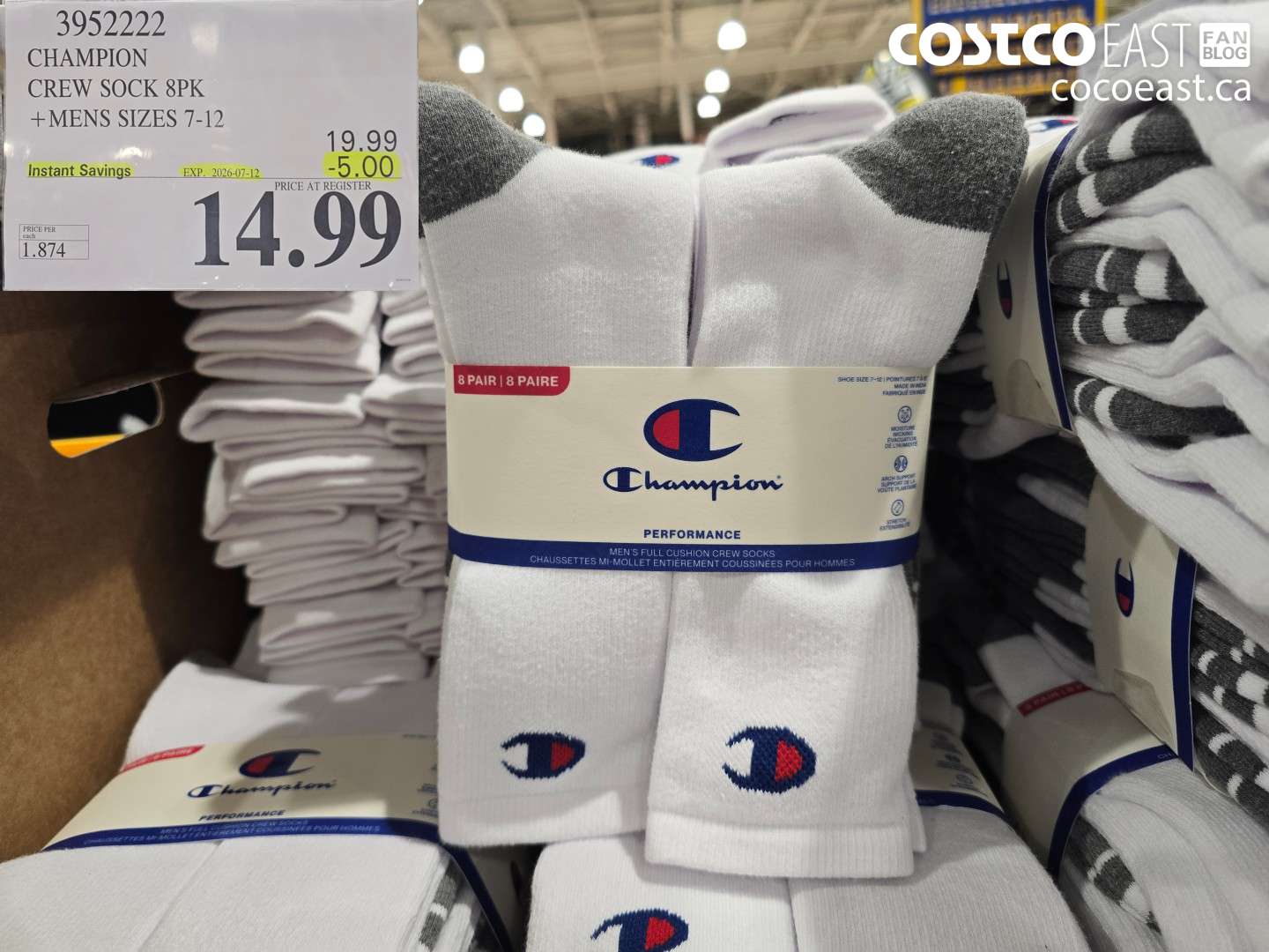 3952222 CHAMPION CREW SOCK 8PK MENS SIZES 7-12 ($5.00 INSTANT SAVINGS EXPIRES ON 2026-07-12) $14.99