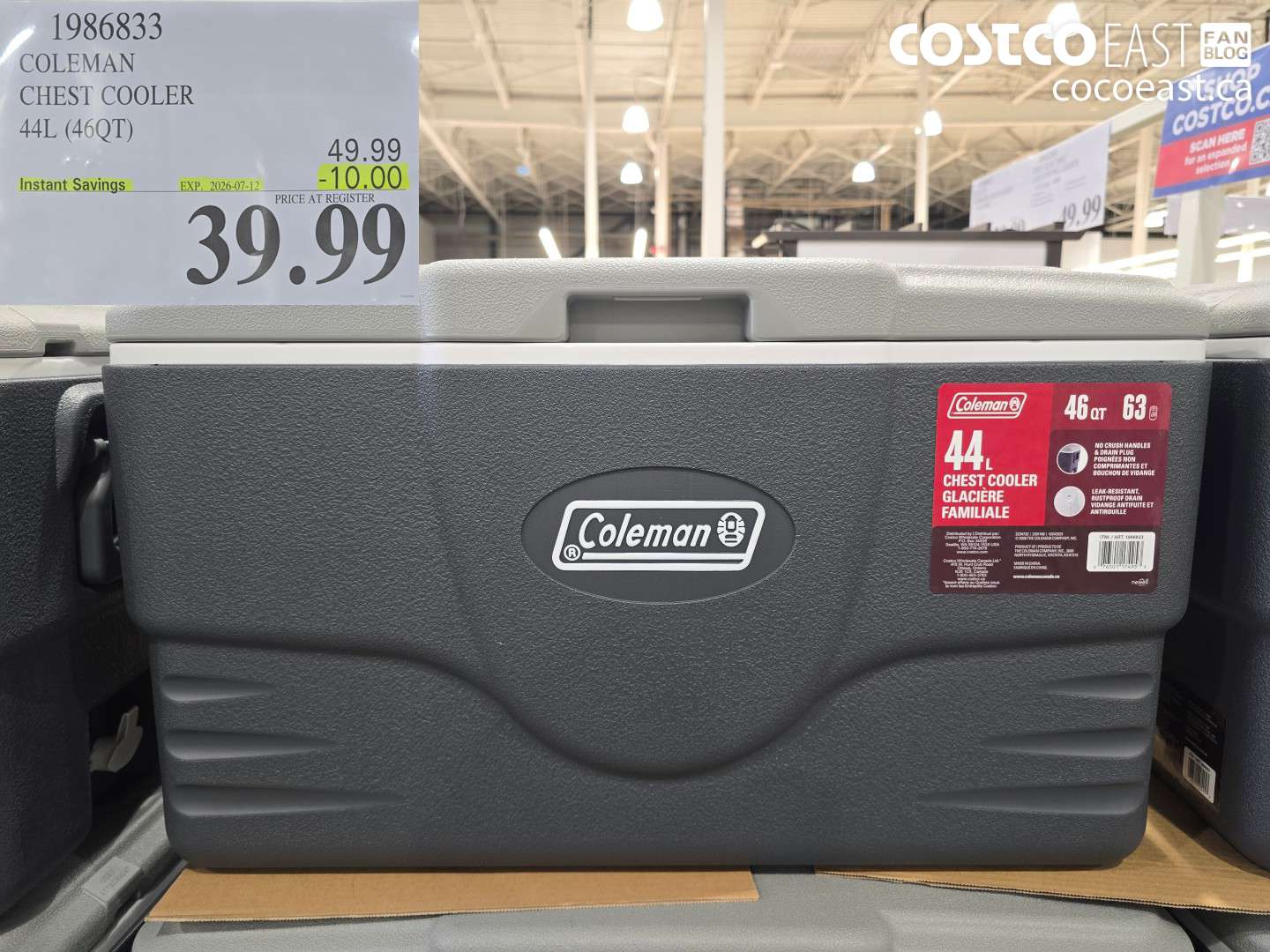 1986833 COLEMAN CHEST COOLER 44L (46QT) ($10.00 INSTANT SAVINGS EXPIRES ON 2026-07-12) $39.99