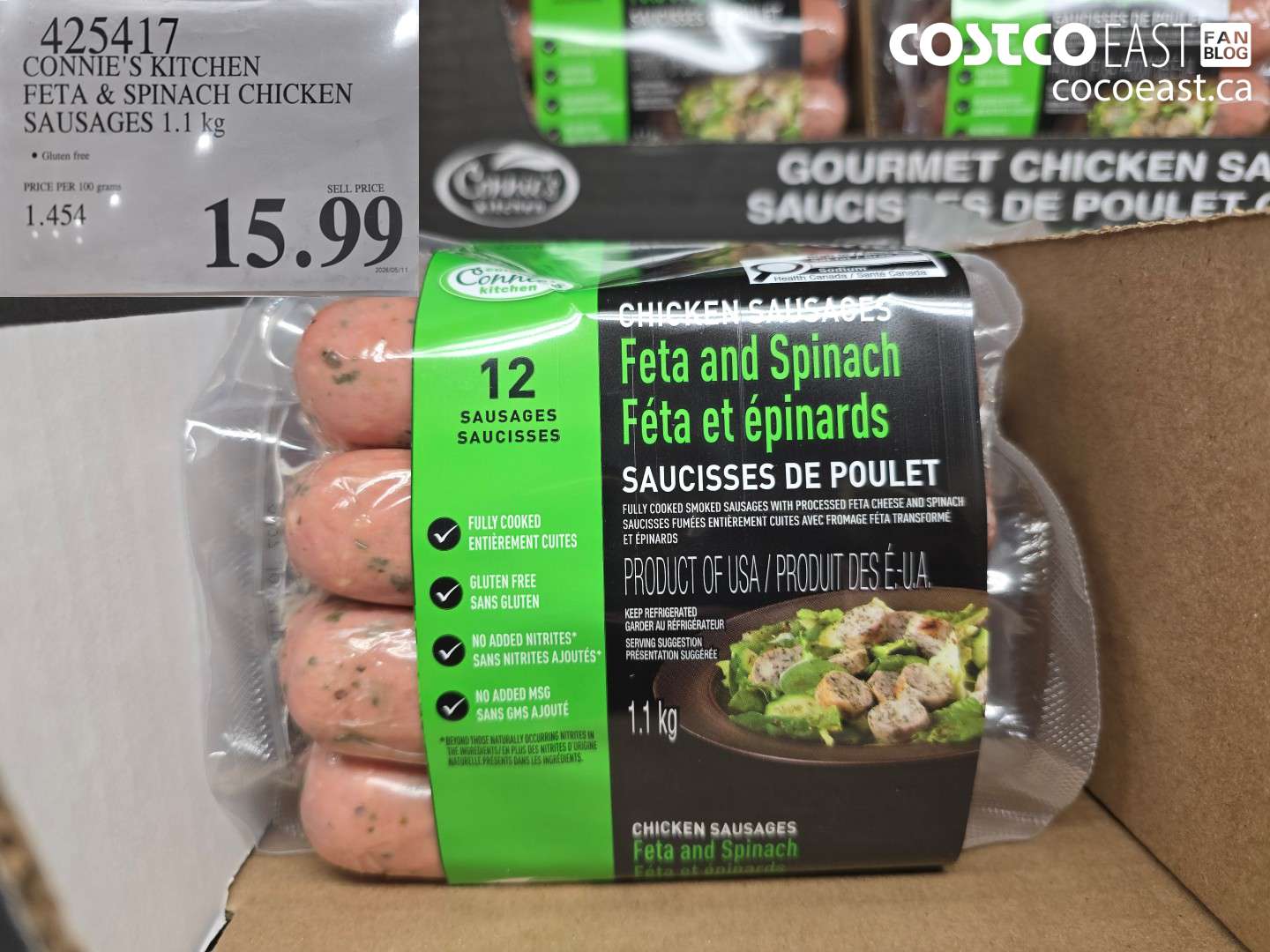 425417 CONNIE'S KITCHEN FETA & SPINACH CHICKEN SAUSAGES 1.1 KG $15.99