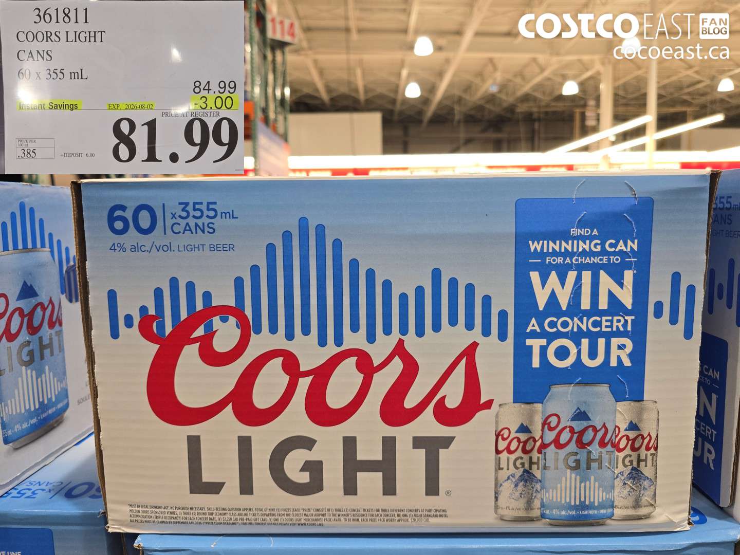 361811 COORS LIGHT CANS 60 X 355 ML ($3.00 INSTANT SAVINGS EXPIRES ON 2026-08-02) $81.99