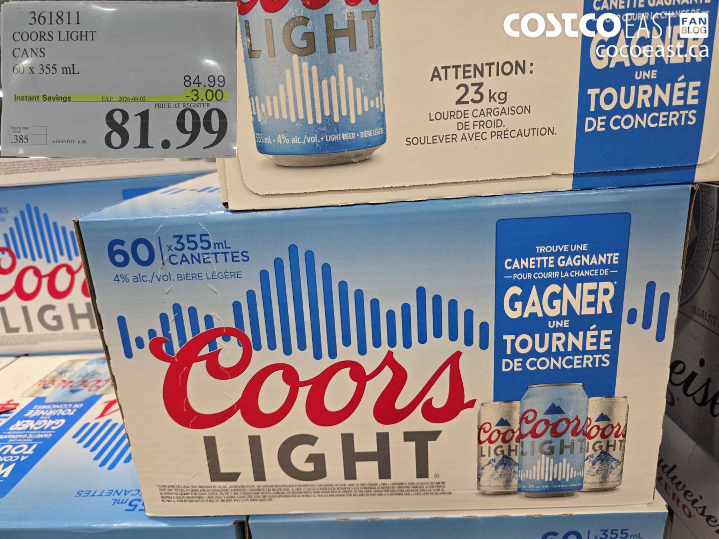 361811 COORS LIGHT CANS 60 X 355 ML ($3.00 INSTANT SAVINGS EXPIRES ON 2026-08-02) $81.99