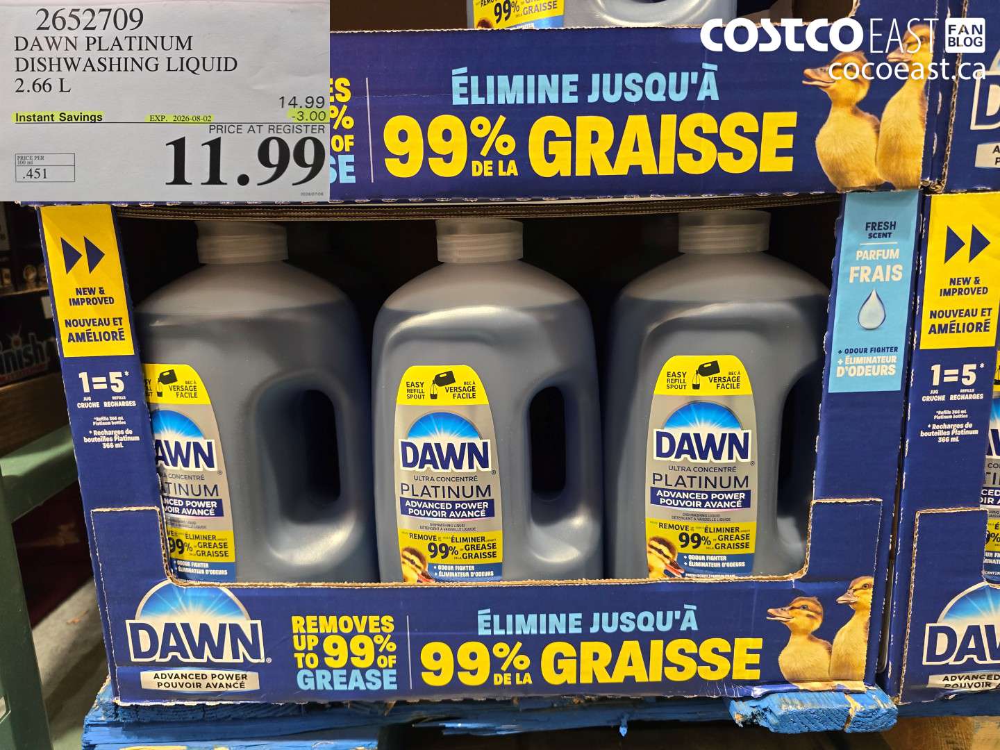 2652709 DAWN PLATINUM DISHWASHING LIQUID 2.66 L ($3.00 INSTANT SAVINGS EXPIRES ON 2026-08-02) $11.99