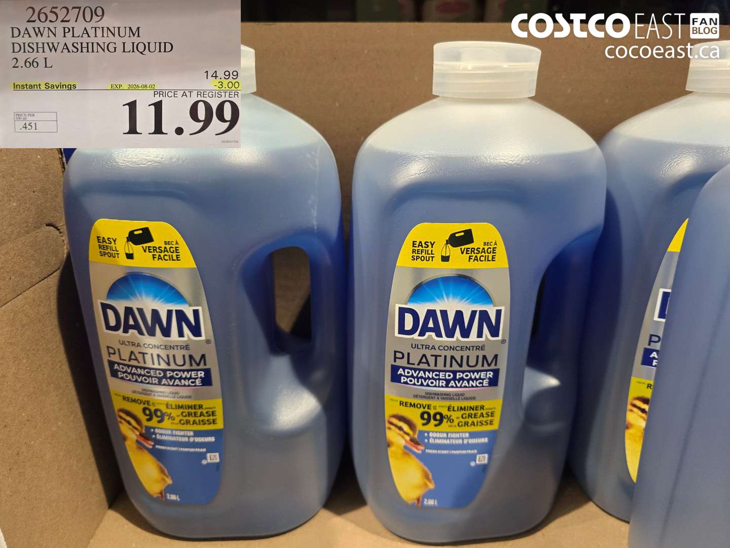 2652709 DAWN PLATINUM DISHWASHING LIQUID 2.66 L ($3.00 INSTANT SAVINGS EXPIRES ON 2026-08-02) $11.99