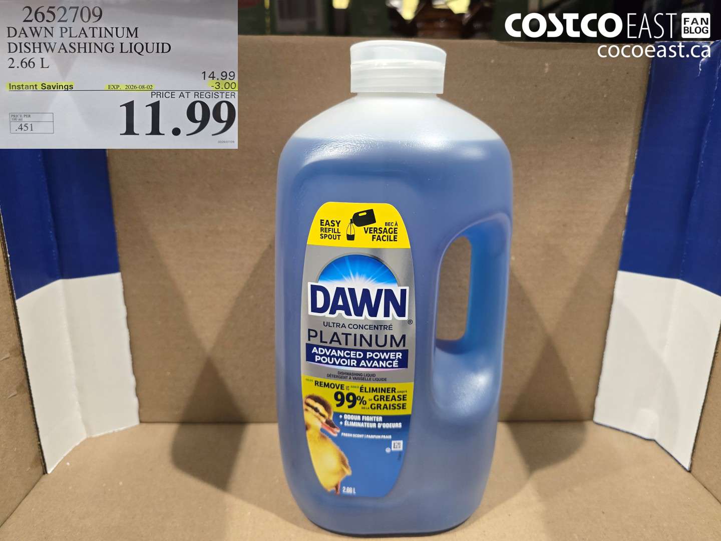 2652709 DAWN PLATINUM DISHWASHING LIQUID 2.66 L ($3.00 INSTANT SAVINGS EXPIRES ON 2026-08-02) $11.99