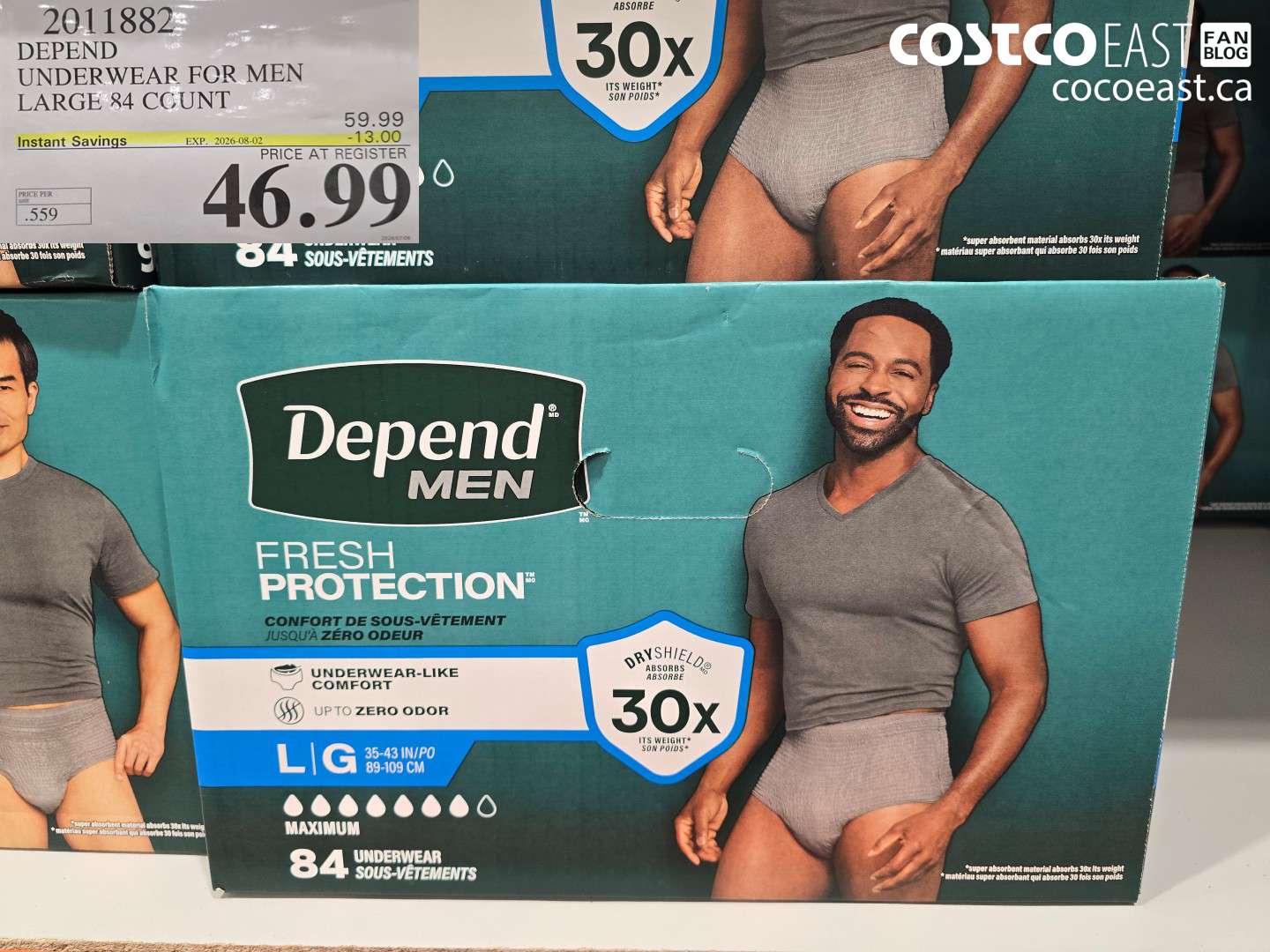 2011882 DEPEND UNDERWEAR FOR MEN LARGE 84 COUNT ($13.00 INSTANT SAVINGS EXPIRES ON 2026-08-02) $46.99