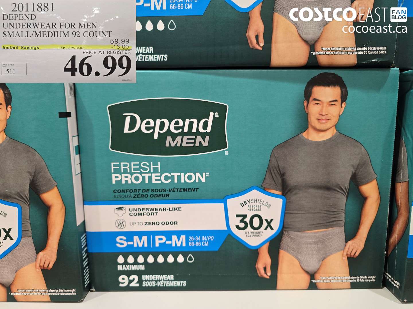 2011881 DEPEND UNDERWEAR FOR MEN SMALL/MEDIUM 92 COUNT ($13.00 INSTANT SAVINGS EXPIRES ON 2026-08-02) $46.99