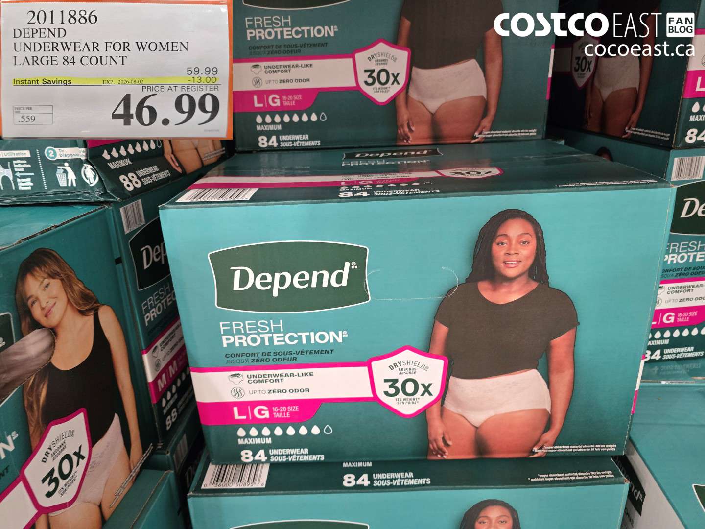 2011886 DEPEND UNDERWEAR FOR WOMEN LARGE 84 COUNT ($13.00 INSTANT SAVINGS EXPIRES ON 2026-08-02) $46.99