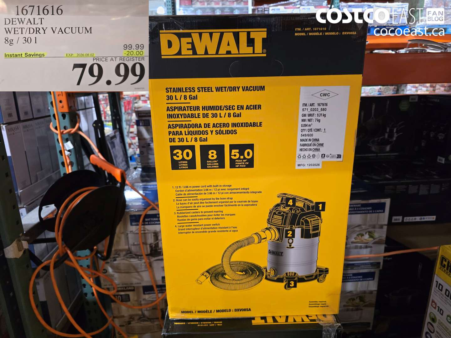 1671616 DEWALT WET/DRY VACUUM 8G / 30 L ($20.00 INSTANT SAVINGS EXPIRES ON 2026-08-02) $79.99