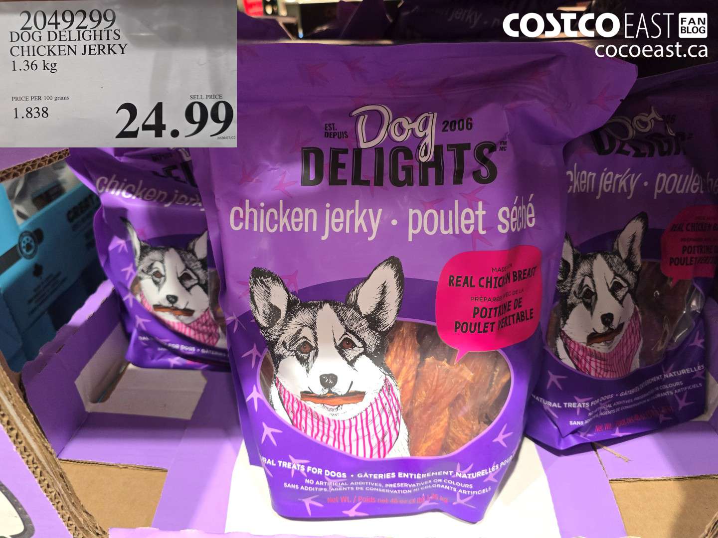 2049299 DOG DELIGHTS CHICKEN JERKY 1.36 KG $24.99