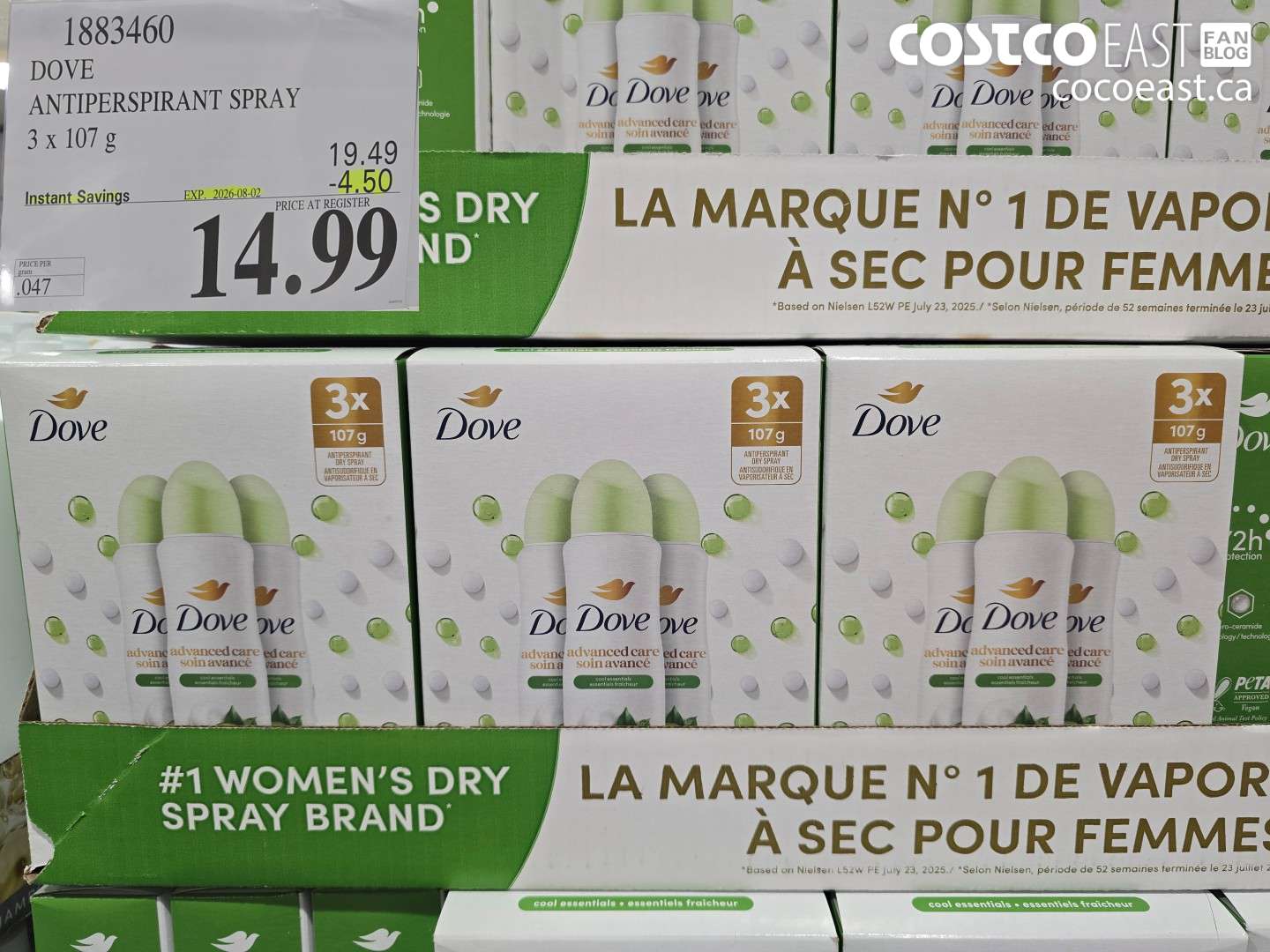 1883460 DOVE ANTIPERSPIRANT SPRAY 3 X 107 G ($4.50 INSTANT SAVINGS EXPIRES ON 2026-08-02) $14.99