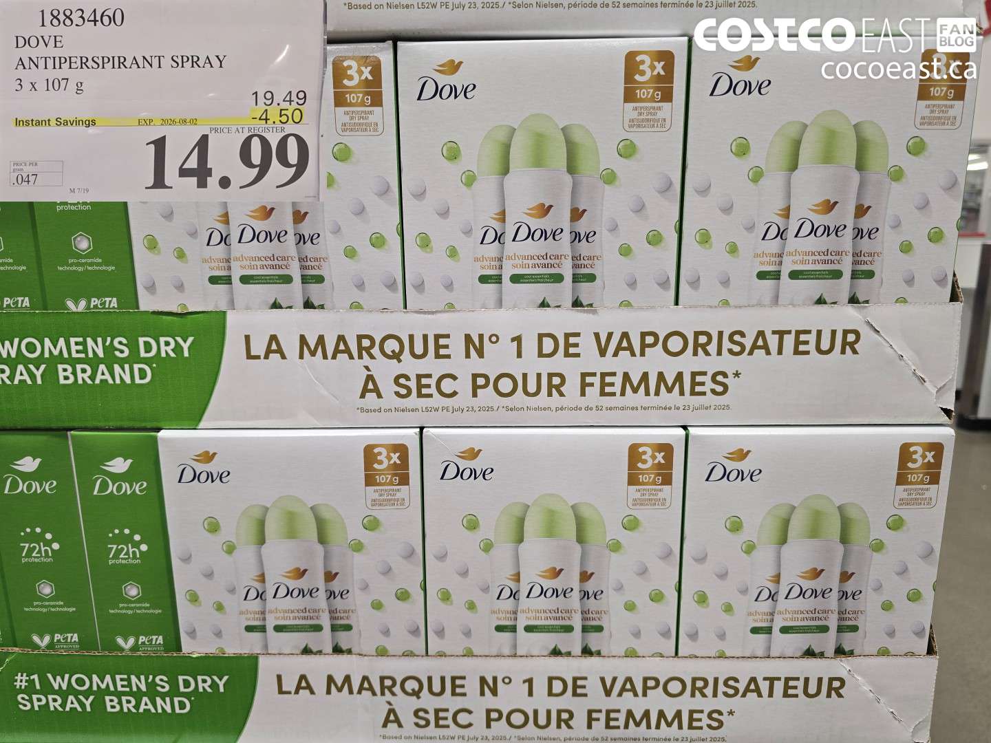 1883460 DOVE ANTIPERSPIRANT SPRAY 3 X 107 G ($4.50 INSTANT SAVINGS EXPIRES ON 2026-08-02) $14.99