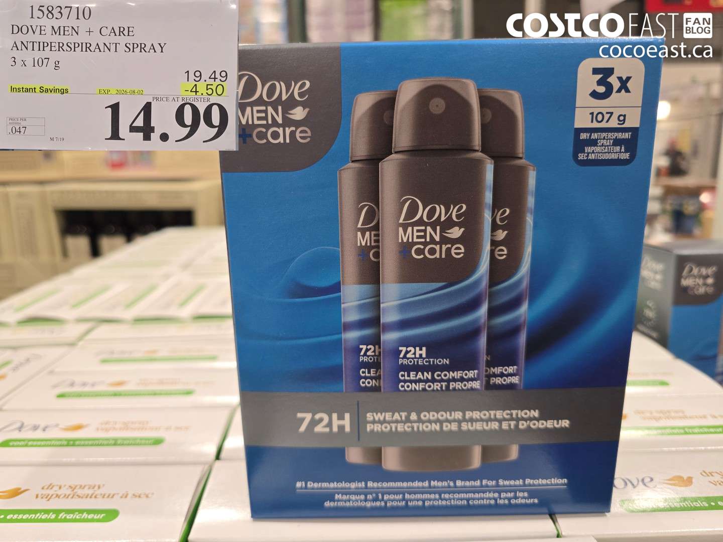 1583710 DOVE MEN + CARE ANTIPERSPIRANT SPRAY 3 X 107 G ($4.50 INSTANT SAVINGS EXPIRES ON 2026-08-02) $14.99
