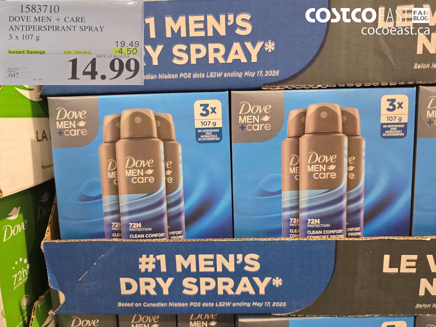 1583710 DOVE MEN + CARE ANTIPERSPIRANT SPRAY 3 X 107 G ($4.50 INSTANT SAVINGS EXPIRES ON 2026-08-02) $14.99