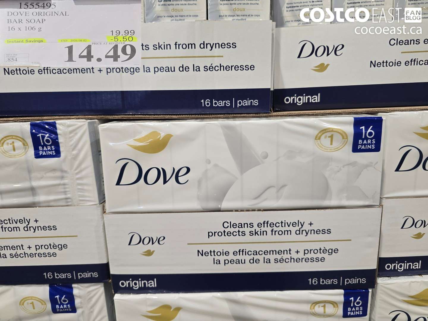 1555495 DOVE ORIGINAL BAR SOAP 16 X 106 G ($5.50 INSTANT SAVINGS EXPIRES ON 2026-08-02) $14.49